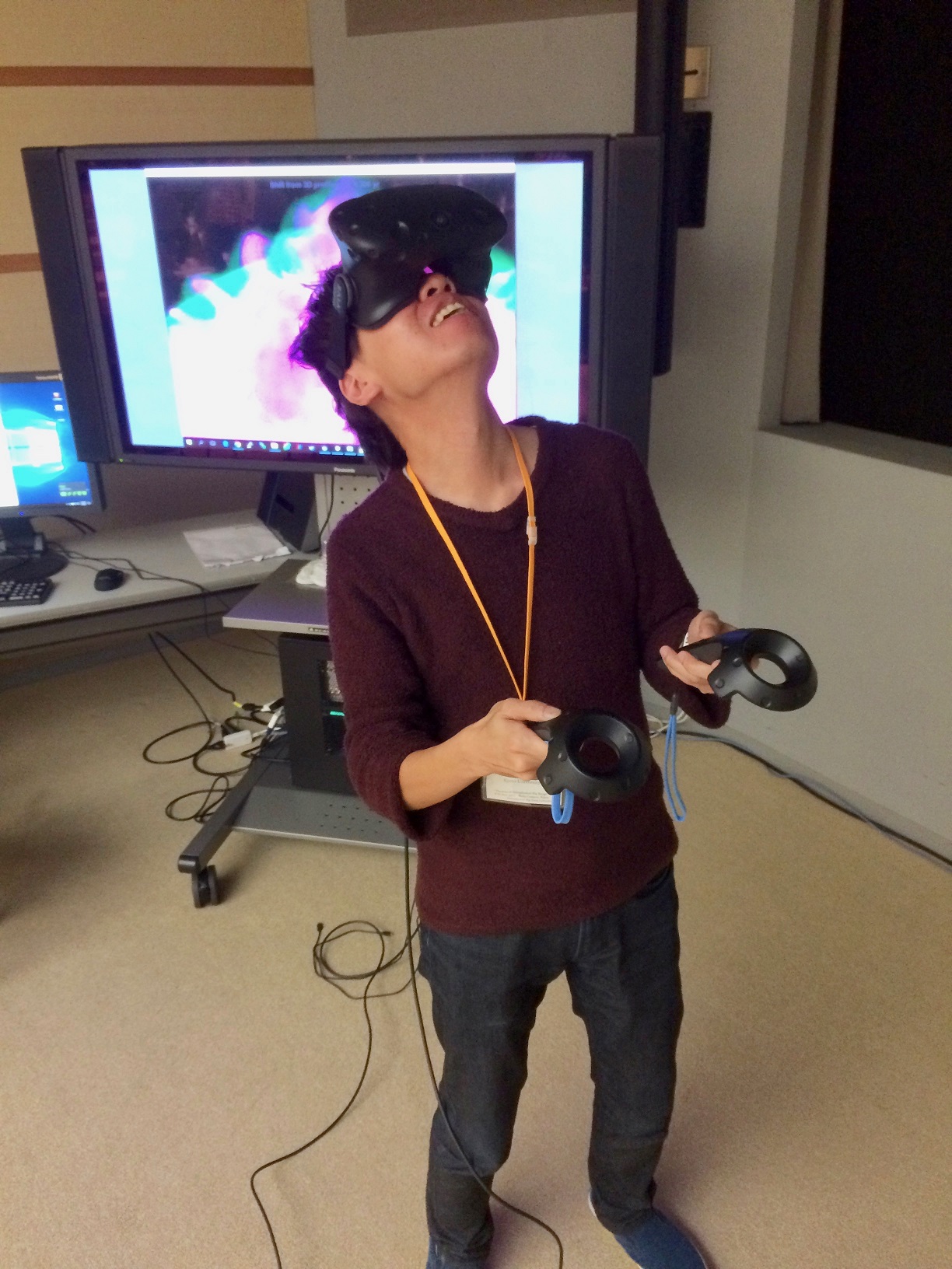 A researcher participating in the international workshop 'Theories of Astrophysical Big Bangs' interacting with a live 3D visualization of the latest supernova remnant simulations from G. F., after hearing the science talk about it.