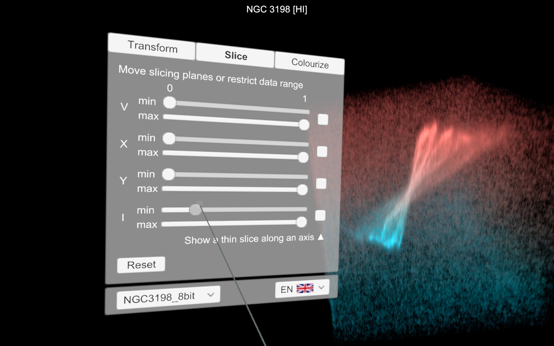 Screenshot of the Cube2 GUI and a radio observation of a galaxy.
